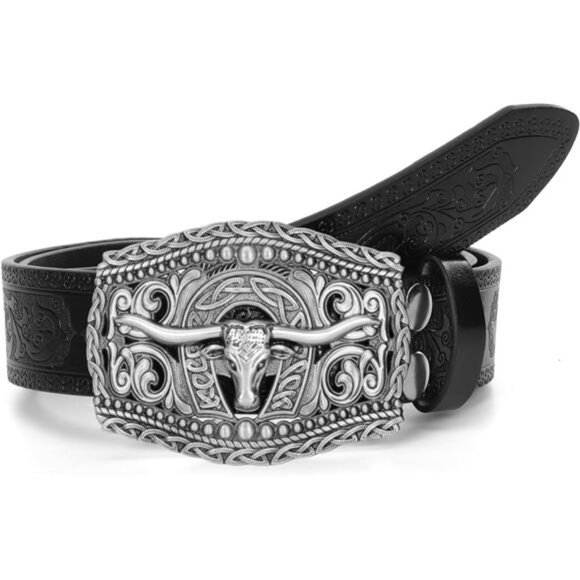 Western Cowboy Leather Belt Men Women Floral Engraved Buckle Jeans Adjustable - Picture 5 of 8